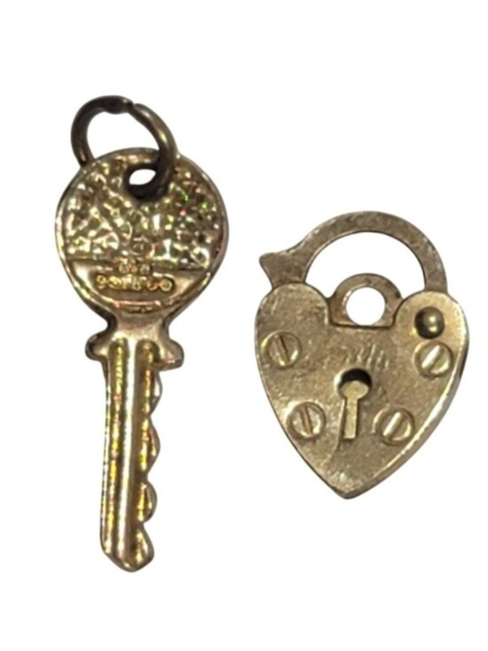 Miniature Gold Heart Padlock & Key Charm Set ASJ 375 Vintage Jewelry - Picture 3 of 11